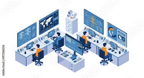 Isometric Smart Grid Operations Center with Operators Monitoring Electrical Infrastructure and Energy Data Analytics on Digital Screens