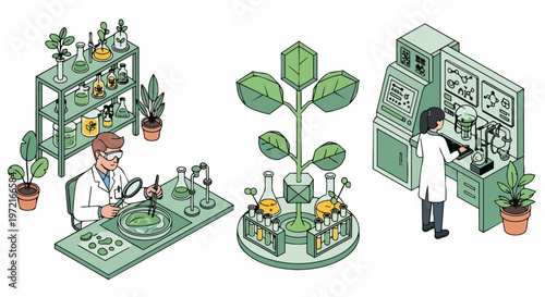 Isometric Plant Biotechnology Lab Research Illustration with Scientists Conducting Genetic Engineering Experiments