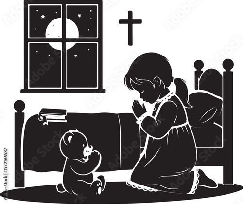 Silhouette of child and dog praying before bed at night, Generative Ai