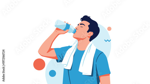 Athletic man drinking water from a bottle and holding a towel over his shoulders after a productive workout session.