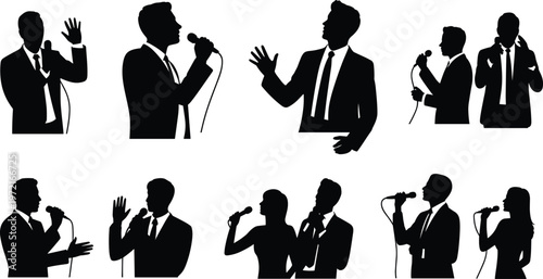 Singer silhouettes, microphone performance icons, public speaking vector, concert illustration, vocalist art, stage presentation, music show, communication design, audience engagement