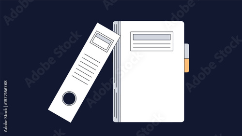 Two white office folders or ring binders, one standing straight and one leaning, placed against a solid dark blue background.