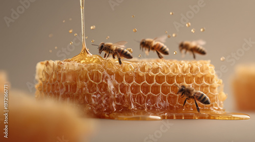 Liquid Gold: Bees busily gather around a honeycomb, as golden honey cascades, embodying the pure essence of nature's sweetness and the artistry of the hive. 