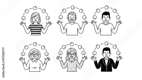 Diverse People Juggling Balls: Multitasking, Skill, and Task Management Concept - Simple Line Art Illustration Set