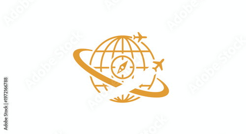 Golden Globe with Compass and Airplane Logos for Travel Concept.