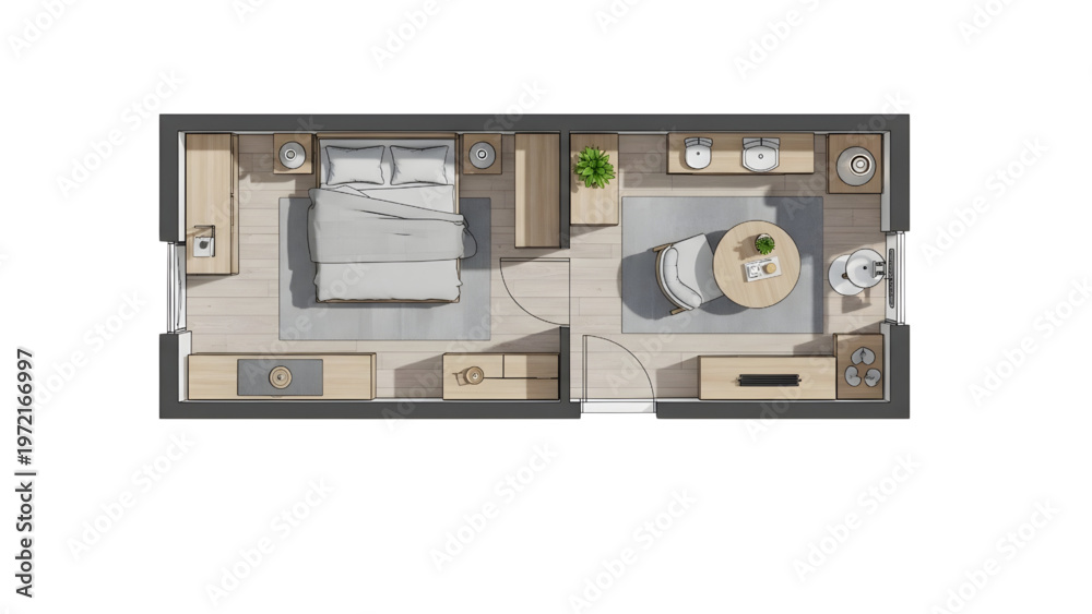 Fototapeta premium Minimalist Bedroom Layout CAD 2D Top Plan Furniture Placement Modern Design