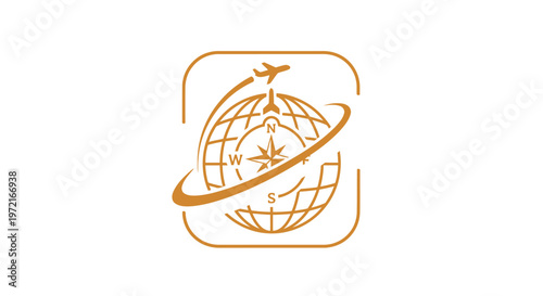 Golden Travel Agency Logo Depicting Airplane and Globe.