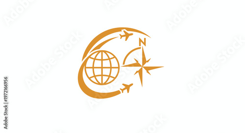 Golden Travel Agency Logo Depicting Globe, Compass, and Airplane Elements.