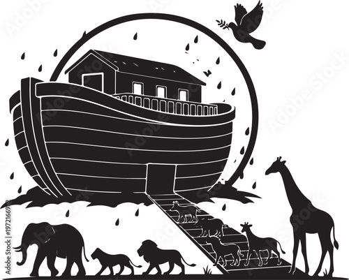 Biblical noah's ark silhouette with animals entering the vessel, Generative Ai