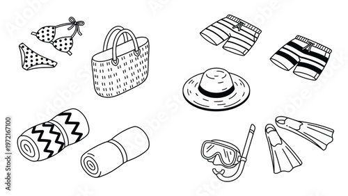 Summer Beach Vacation Essentials Line Art Set. Hand-drawn swimwear, towels, hat, bag, and snorkeling gear illustration.