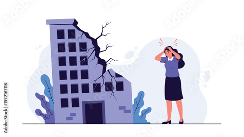 Distressed woman stands outside a severely damaged building with cracks and missing sections reflecting the aftermath of a natural disaster.