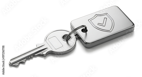 Silver key with security shield keychain on white background with studio shot