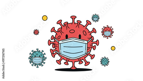 Collection of coronavirus microbe characters wearing surgical masks to promote safety and hygiene during a global health pandemic situation.