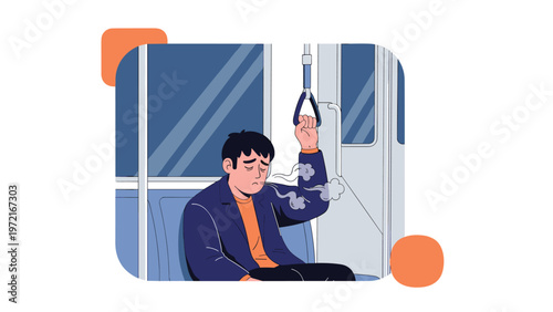 Exhausted man falls asleep while standing on a moving train or bus holding onto a handle representing long commutes and urban fatigue.
