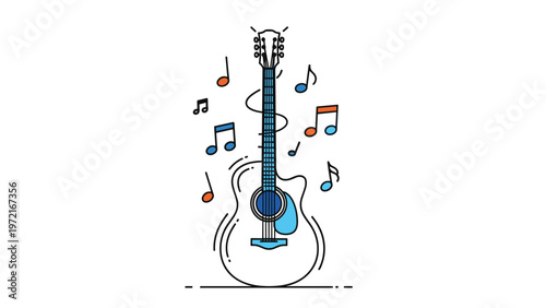 White acoustic guitar illustration surrounded by colorful musical notes representing song composition performance and the art of music.