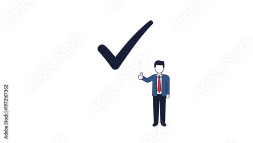 Businessman in a dark suit gives a thumbs up next to a large black check mark symbolizing success approval and positive results.