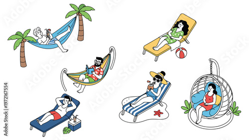 Summer Vacation Relaxation Set: Diverse People Chilling in Hammocks, Sun Loungers & Hanging Chairs. Leisure Activities