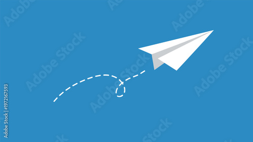 White paper plane flying upwards against a solid blue sky background representing travel freedom innovation and a positive direction.