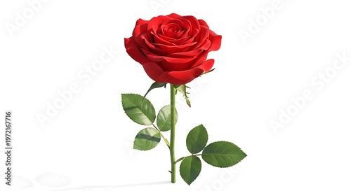 Single red rose with green leaves, symbolizing love and romance, white background