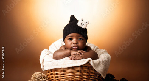 Charming Baby in a Basket with a Cute Hat on a Soft Background, Ideal for Family Themes