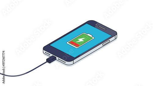 Modern smartphone laying down and being charged with a low battery icon and a green charging indicator on the screen.