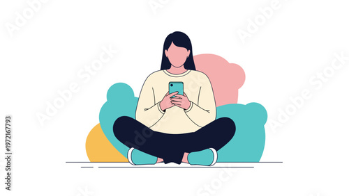 Young woman sitting cross legged on the floor while using her smartphone for social media communication or entertainment at home.