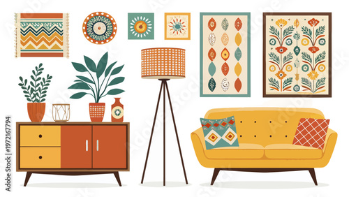 Retro interior decor elements with vintage furniture colorful patterns and plants for designers and home styling inspiration