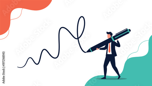 Ambitious businessman in a suit drawing a rising line graph using a giant pen to represent financial growth and corporate success in business.