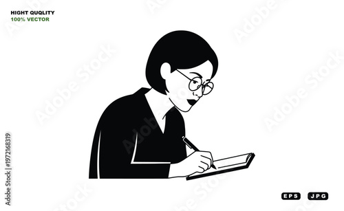 A focused woman with glasses writing in a notebook with a pen in a simple black and white illustration