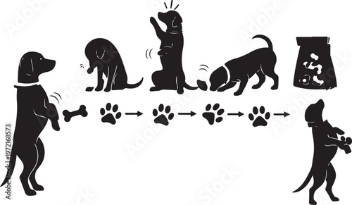 Silhouette of dogs playing fetch with paw prints and dog food, Generative Ai