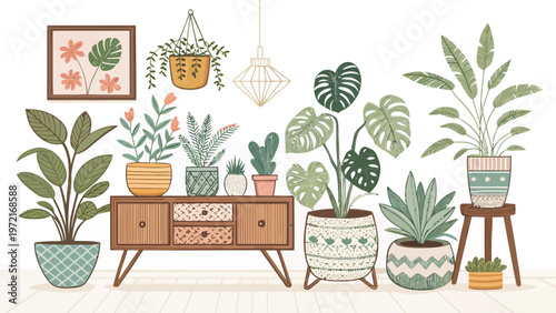 Retro interior with collection of potted houseplants on wooden furniture and stool hanging plants and framed leaf art on white background
