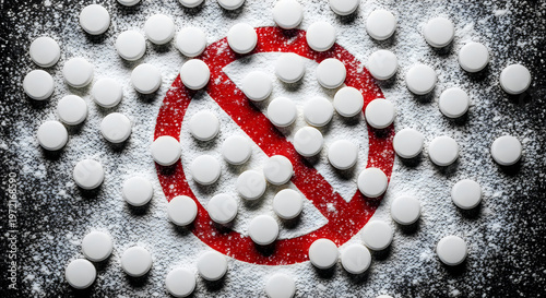 White Pills with Prohibition Symbol Anti Drug Abuse and Addiction Awareness Concept