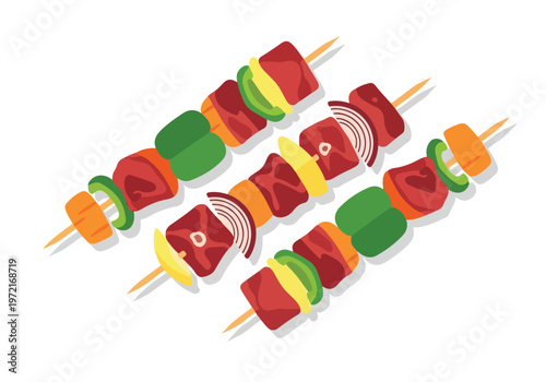 Three Skewers of Delicious Meat and Vegetable Kebabs.