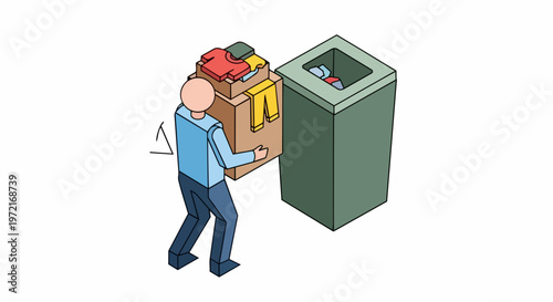 Man Carrying Box of Old Clothes to Recycling Bin Isometric Illustration, Sustainability and Donation Concept