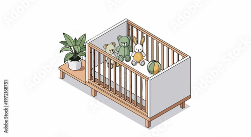 Isometric 3D Illustration of a Modern Baby Crib with Stuffed Animals and a Potted Plant