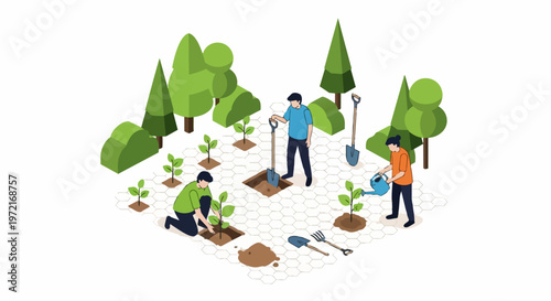 Isometric People Planting Trees and Gardening for Environmental Sustainability and Reforestation Concept