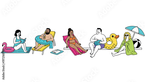 Diverse People Relaxing on Summer Vacation with Beach Accessories. Sunbathing and Leisure Fun. Flat Vector Illustration.