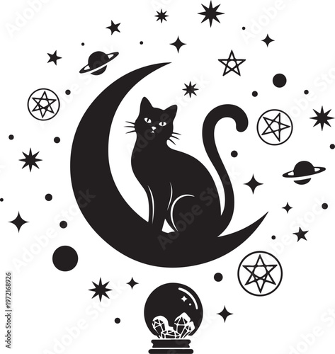 Mystic black cat silhouette on crescent moon with stars, Generative Ai