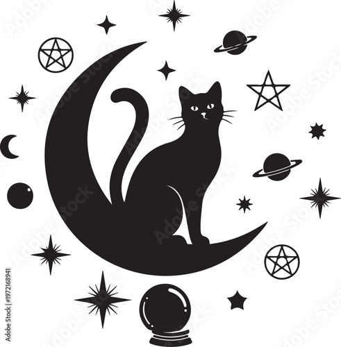 Mystic silhouette cat on crescent moon with celestial bodies, Generative Ai