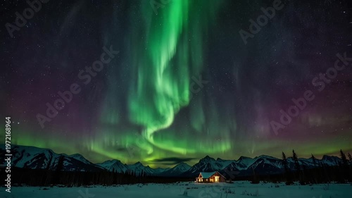 A spectacular and serene night view in a snowy mountain region. The main attraction is the bright green Aurora Borealis (northern lights) that arcs vertically and majestically across the star-filled