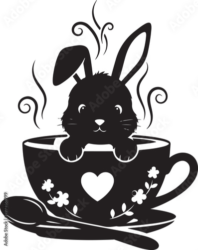 Silhouette of a bunny in a heart teacup silhouette, Generative Ai