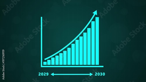 A conceptual business growth chart showing an upward trend from 2029to 2030, with a cyan financial bar graph with upward arrows indicating economic success.