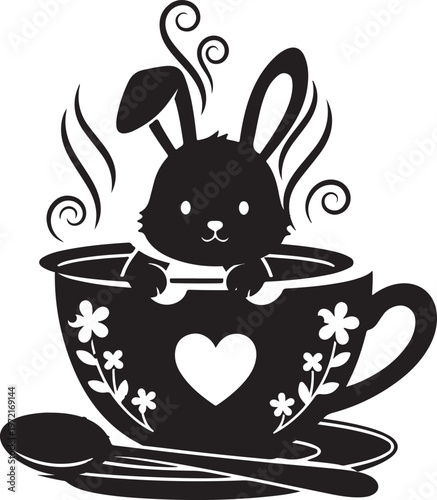 Adorable bunny silhouette in a teacup with heart design, Generative Ai