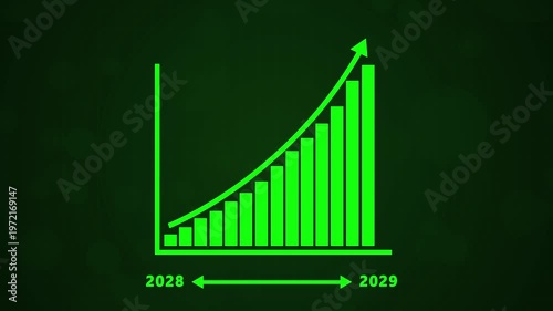 Business growth chart showing financial success and economic progress from 2028 to 2029 with rising green bars and arrow on dark digital background