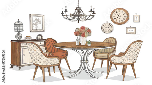 Retro dining room interior with vintage furniture table chairs decor and accessories including clock and chandelier