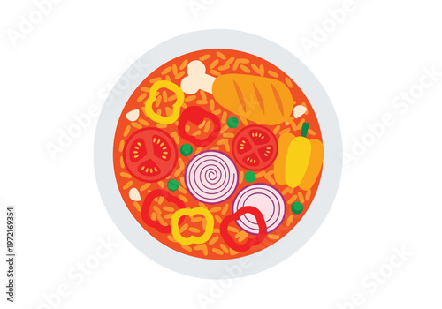 Delicious Jollof Rice with Chicken and Vegetables Top View.