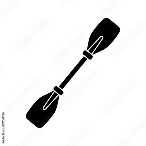 A stark black silhouette of a classic double bladed paddle against a clean white background silhouette