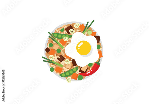 Delicious Fried Rice Dish with Fried Egg and Vegetables.