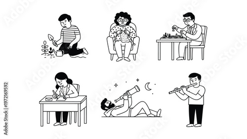 Line Art Set: Diverse Hobbies & Leisure Activities - Playing, Creating, Learning, Relaxing