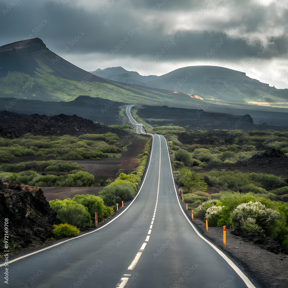 Obraz premium Open road leading through dramatic mountains under moody stormy sky